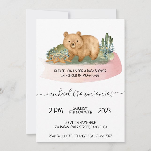 Convites Chá de Bebê Menino Urso Boho Aquarela Mamãe (Frente)