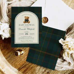 Convites Chá de Bebê Menino Urso de Pelúcia Tartan Polo