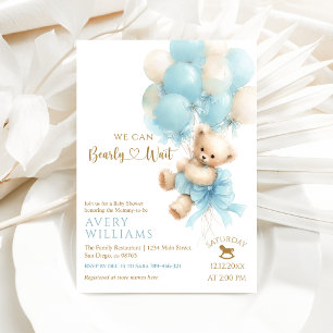 Convites Chá de Bebê Menino Urso Teddy Balão Azul Laço