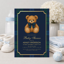 Chá de Bebê Menino Urso Teddy Elegante Xadrez Azul