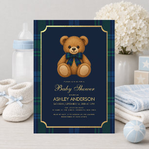 Convites Chá de Bebê Menino Urso Teddy Elegante Xadrez Azul
