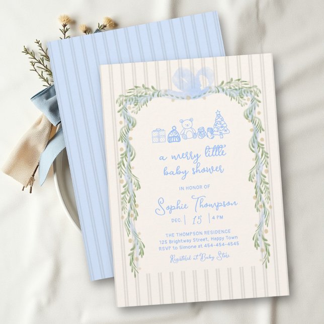 Convites Chá de Bebê Menino Verde e Azulzinho Alegre (Merry Little Blue Green Greenery Boy Baby Shower Invitation)