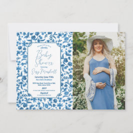 Convites Chá de Bebê Menino Xadrez Azul foto Floral Ditsy