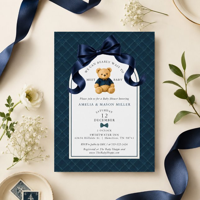 Convites Chá de Bebê Menino Xadrez Tartan Urso Polo (Polo Teddy Bear Tartan Plaid Boy Baby Shower Invitation)
