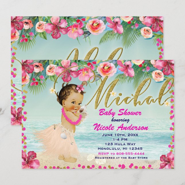 Convites Chá de Bebê MICHAL Aloha Havaiano Retro Praia  (Frente/Verso)