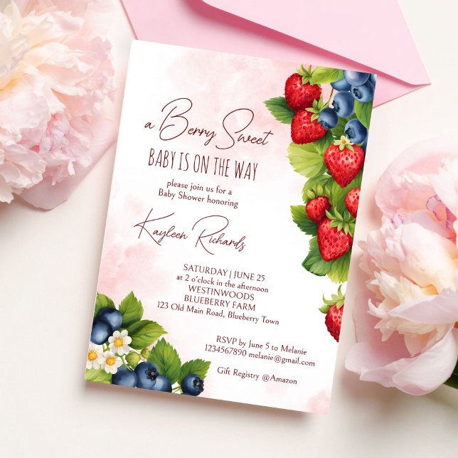 Convites Chá de bebê mirtilo morango doce baga (Berry sweet blueberry strawberry spring summer baby shower invitation template digital download)