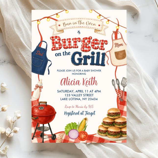 Convites Chá de Bebê Misto Bun & Burgers Gingham BBQ (Criador carregado)