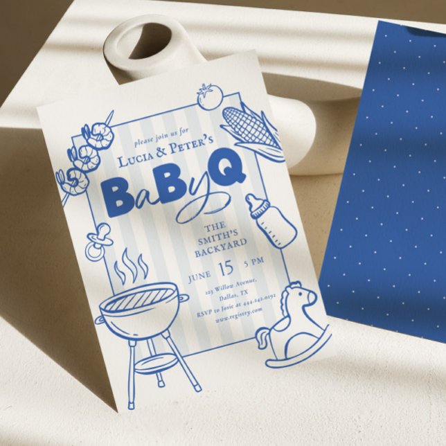 Convites Chá de Bebê Modern Blue BBQ Casal Baby-Q (Criador carregado)