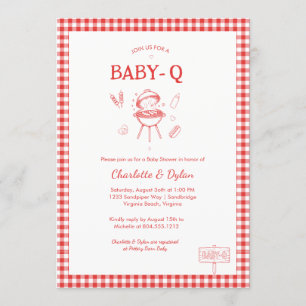 Convites Chá de Bebê Moderno Baby-Q BBQ Xadrez Vermelho