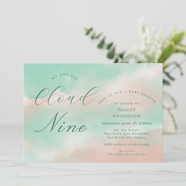 Convites Chá de Bebê Moderno e Elegante Nove Nuvens (Em pé/Frente)