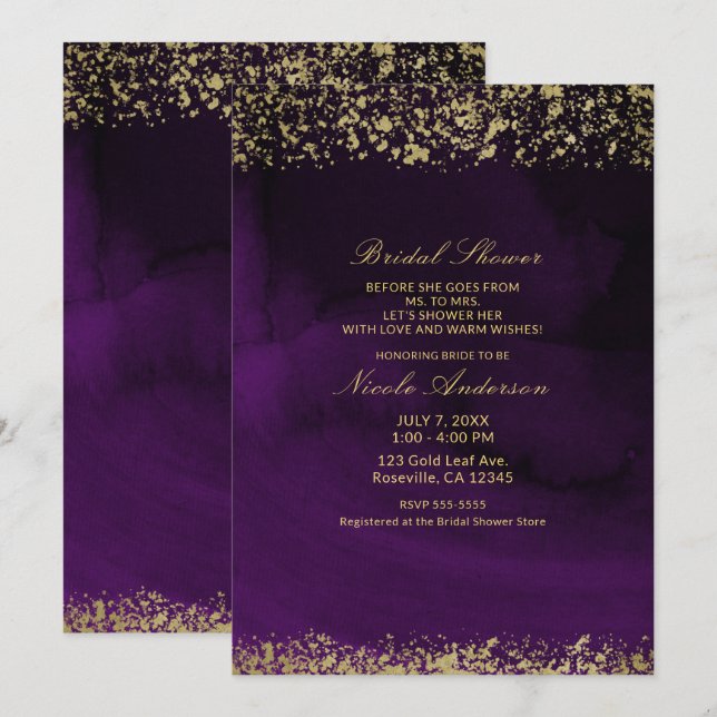 Convites Chá de Bebê Moderno em Aquarela Tons Roxo e Dourad (Frente/Verso)