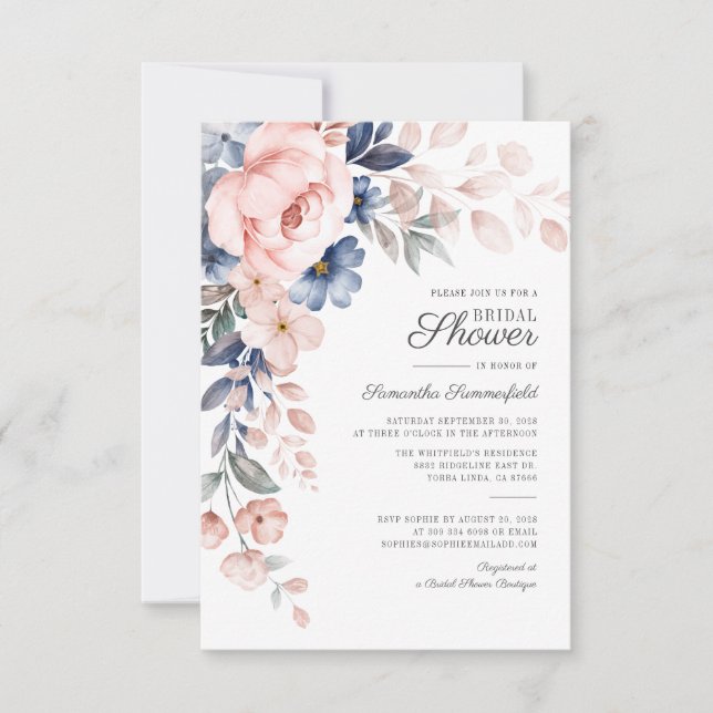 Convites Chá de Bebê Moderno Rosa Azul Flor de Aquarela (Frente)