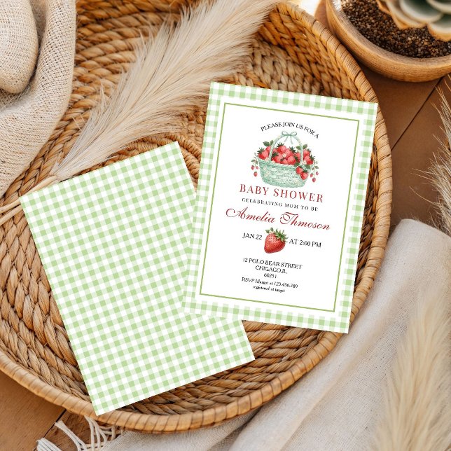 Convites Chá de Bebê Morango Doce Gingham Verde (Criador carregado)