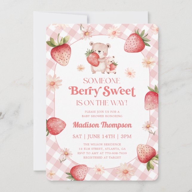 Convites Chá de Bebê Morango Gingham Doce Bebê (Frente)