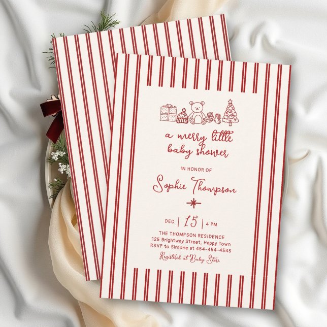 Convites Chá de Bebê Natal Alegre Listra Vermelha (Merry Little Red Stripe Christmas Baby Shower Invitation)