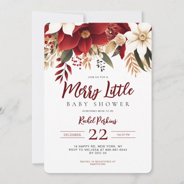Convites Chá de Bebê Natal Feliz com Poinsettia (Frente)