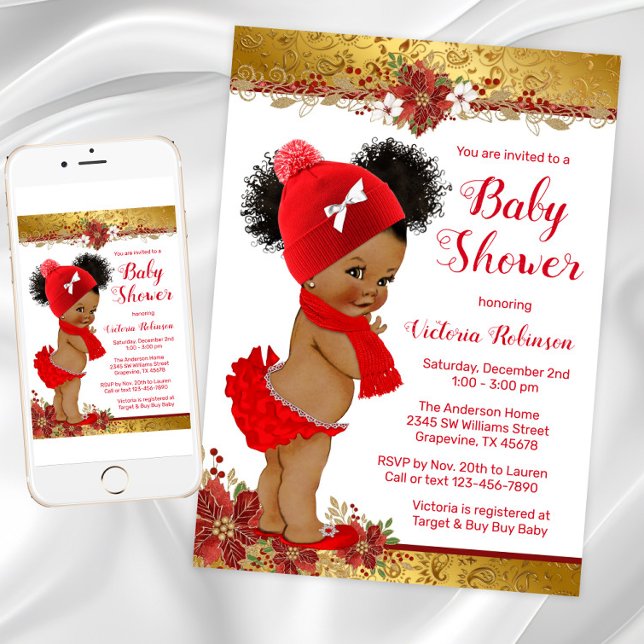 Convites Chá de Bebê Natal Ouro Vermelho (Adorable Girl Christmas Baby Shower Invitation. Instant download and printed invitations available.)