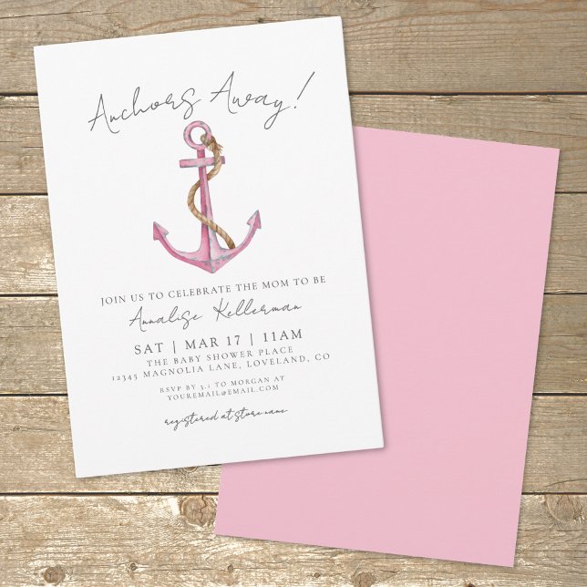 Convites Chá de Bebê Náutico com Âncora Rosa (Pink Anchor Nautical Baby Shower Invitation)