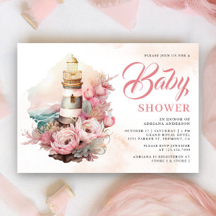 Convites Chá de Bebê Náutico Farol Floral Rosa Boho