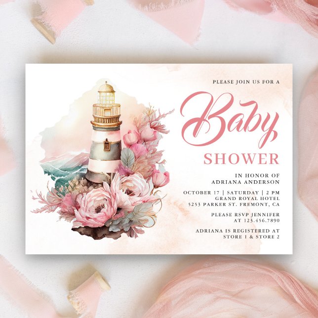 Convites Chá de Bebê Náutico Farol Floral Rosa Boho   (Criador carregado)