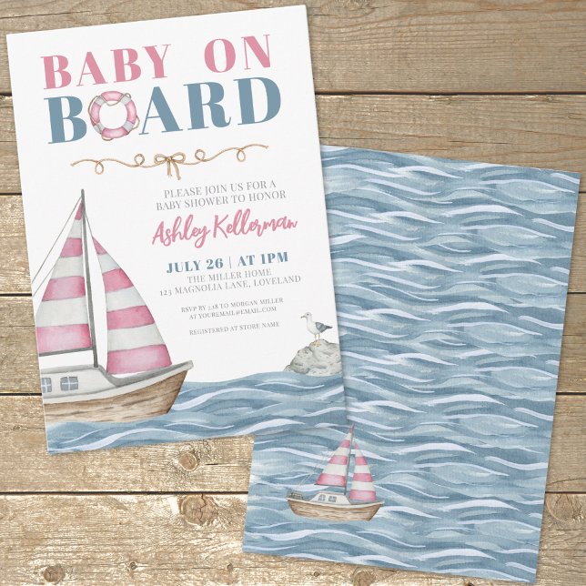 Convites Chá de Bebê Náutico Rosa (Sailboat Nautical Baby Shower Invitation)