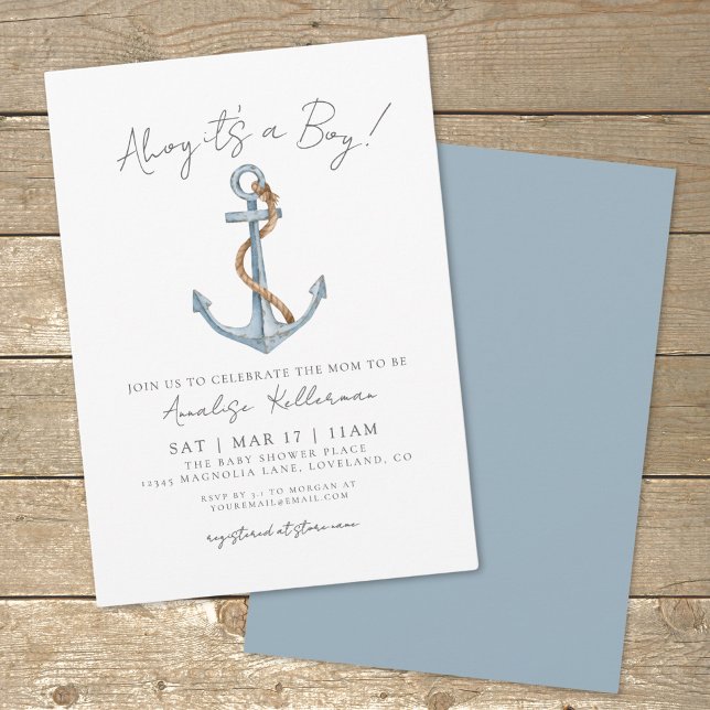 Convites Chá de Bebê Náutico Simples (Watercolor Minimal Blue Nautical Baby Shower Invitation)