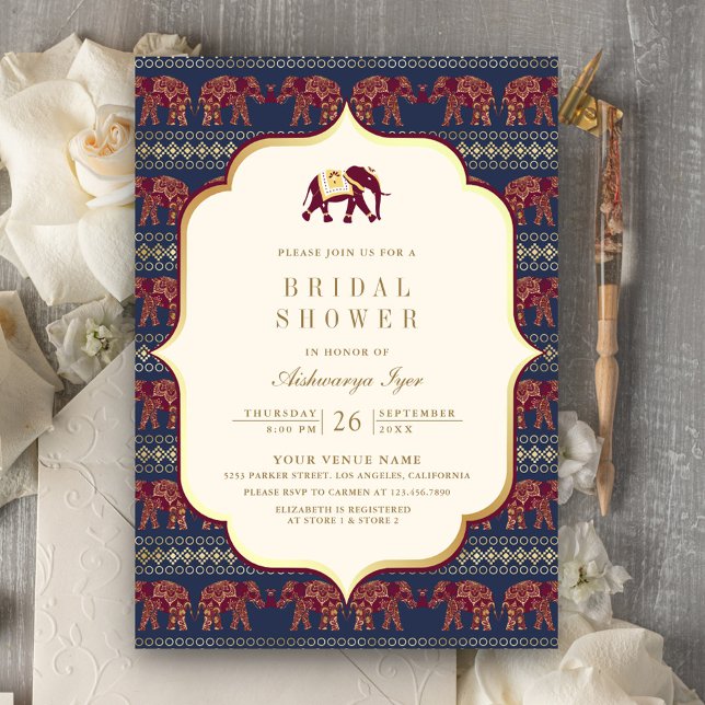 Convites Chá de Bebê Naval Borgonha Dourado Elefante Indian (Criador carregado)
