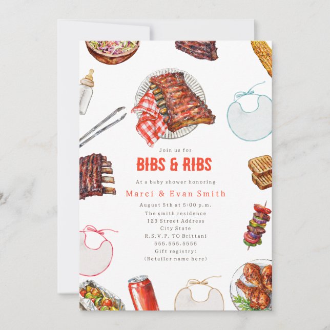 Convites Chá de Bebê Neutro Bibs & Ribs BBQ Cookout (Frente)