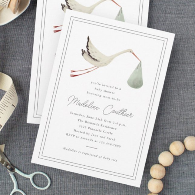 Convites Chá de Bebê Neutro com Cegonha Elegante (Elegant hand painted stork gender neutral baby shower invitations.)