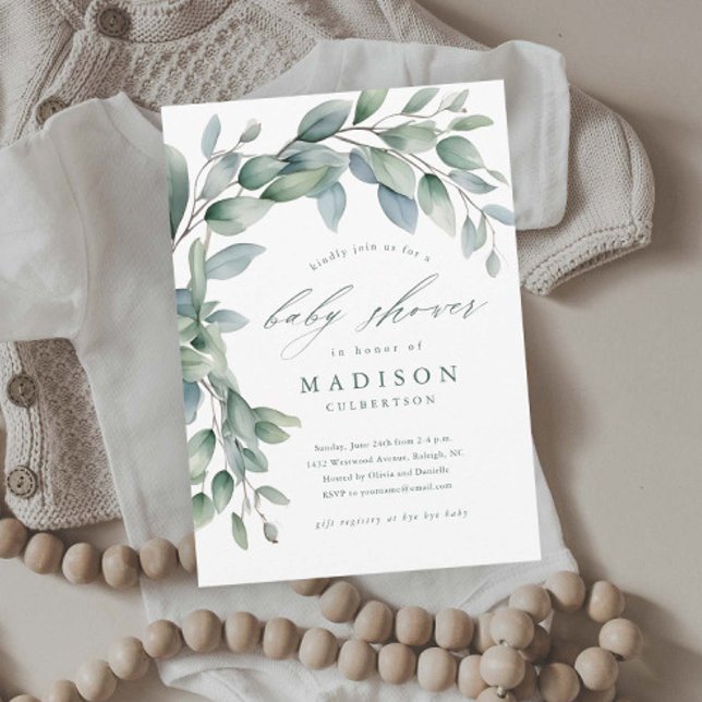 Convites Chá de Bebê Neutro com Verde de Eucalipto (Elegant Eucalyptus Greenery Baby Shower Invitations.)