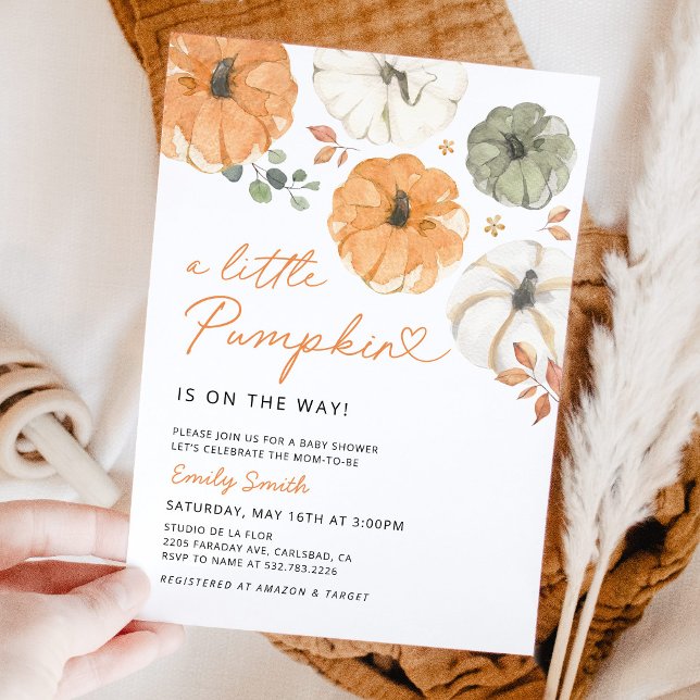 Convites Chá de Bebê Neutro Little Pumpkin (Little Pumpkin Gender Neutral Baby Shower Invitation, watercolor pumpkin floral boho fall invitation)