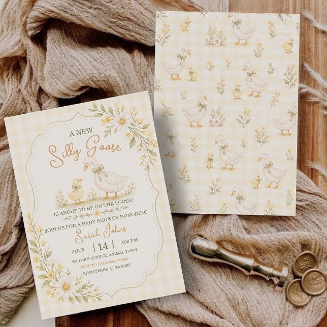 Convites Chá de Bebê Neutro Pato Xadrez Silly Goose (Silly Goose Gingham Duck Gender Neutral Baby Shower Invitation)