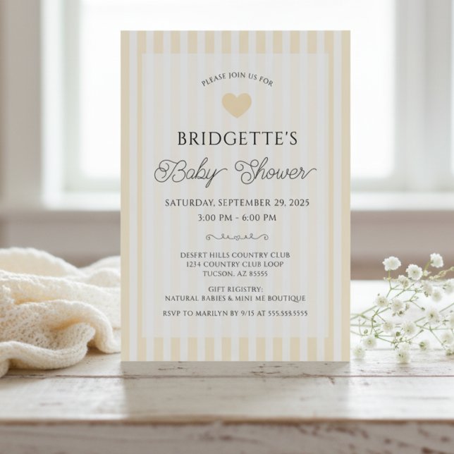 Convites Chá de Bebê no Clube Country Amarelo Moderno (chic yellow and white preppy stripes baby shower invitation with heart elegant script typography)