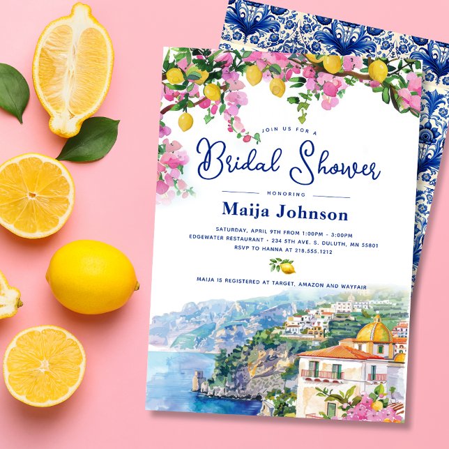 Convites Chá de Bebê Noiva Limões Rosa da Costa Amalfi Aqua (Watercolor Amalfi Coast Pink Lemons Bridal Shower Invitation)