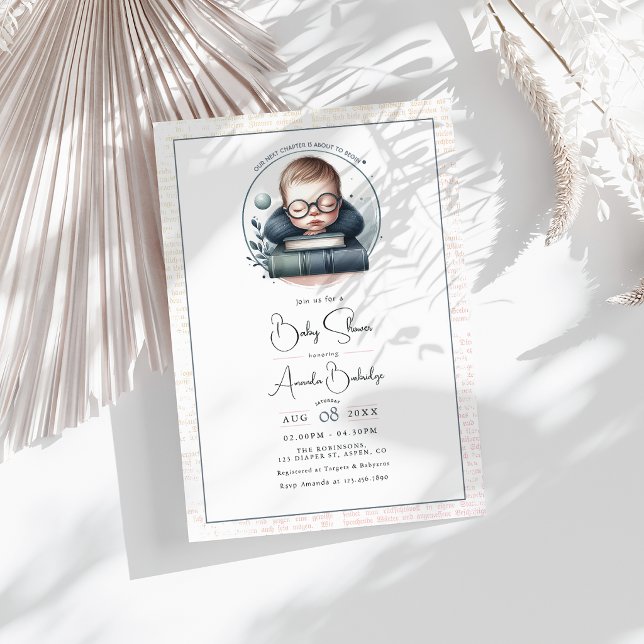 Convites Chá de Bebê "Nosso Próximo Capítulo" com Tema Lite (Literary-Themed Book Our Next Chapter Baby Shower Invitation)
