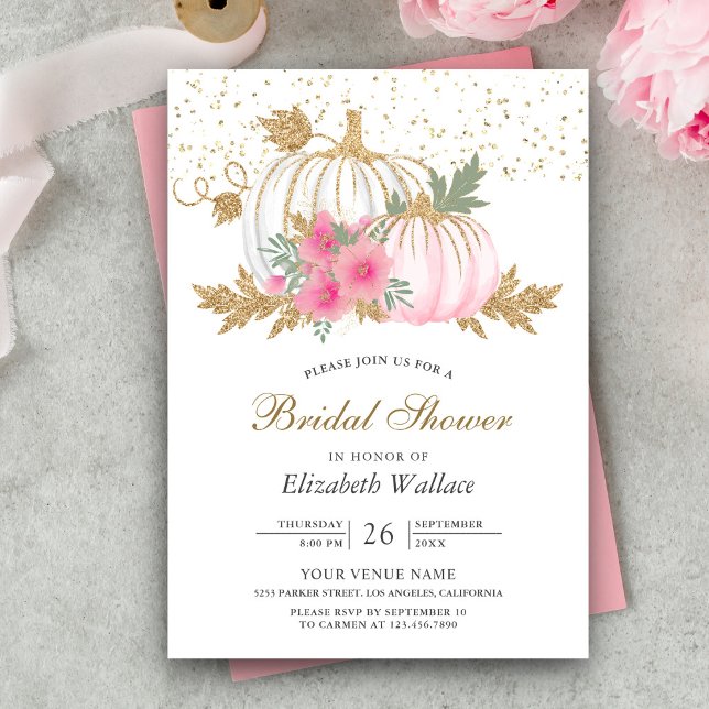 Convites Chá de Bebê Nupcial Floral Rosa Abóbora Dourado e  (Criador carregado)