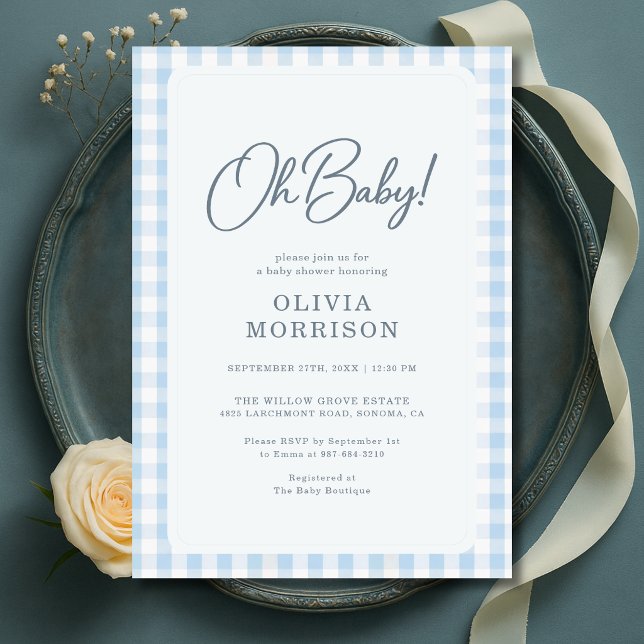 Convites Chá de Bebê Oh Baby Blue Gingham (Criador carregado)