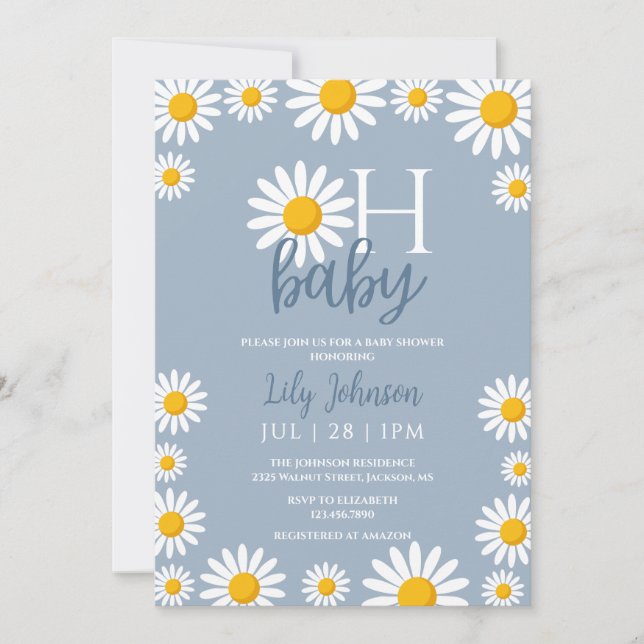 Convites Chá de Bebê Oh Baby Daisy Dusty Blue Baby Shower  (Frente)