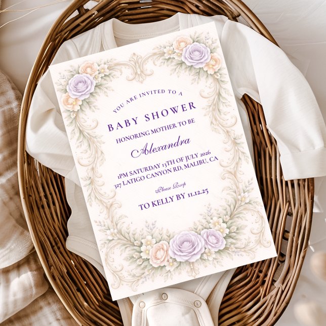 Convites Chá de Bebê Ornate Lavanda Rosa (Criador carregado)