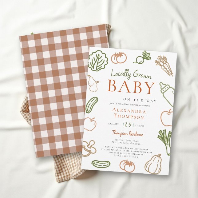 Convites Chá de Bebê Outonal Rústico e Terroso de Produtos  (locally grown fall baby shower invitation earthy tan green brown terracotta hand drawn gingham)