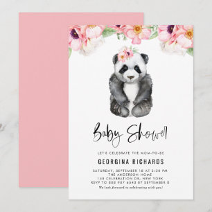 Convites Chá de Bebê Panda em Aquarela com Anêmonas Rosa