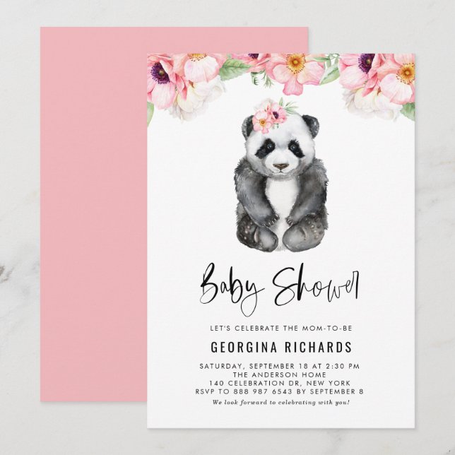 Convites Chá de Bebê Panda em Aquarela com Anêmonas Rosa (Frente/Verso)