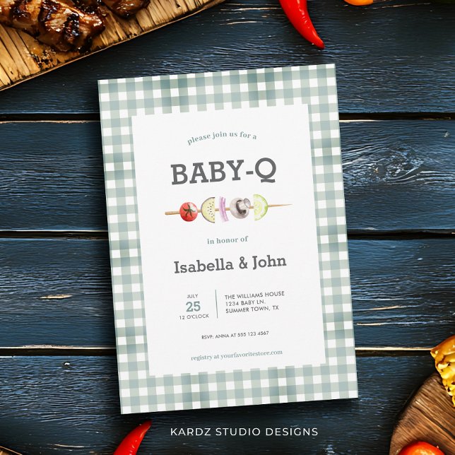 Convites Chá de Bebê para Casais com Churrasco Neutro em Gê (This Baby Shower BBQ Invitation is shown in size 5 x 7 in. Other sizes and digital available.)
