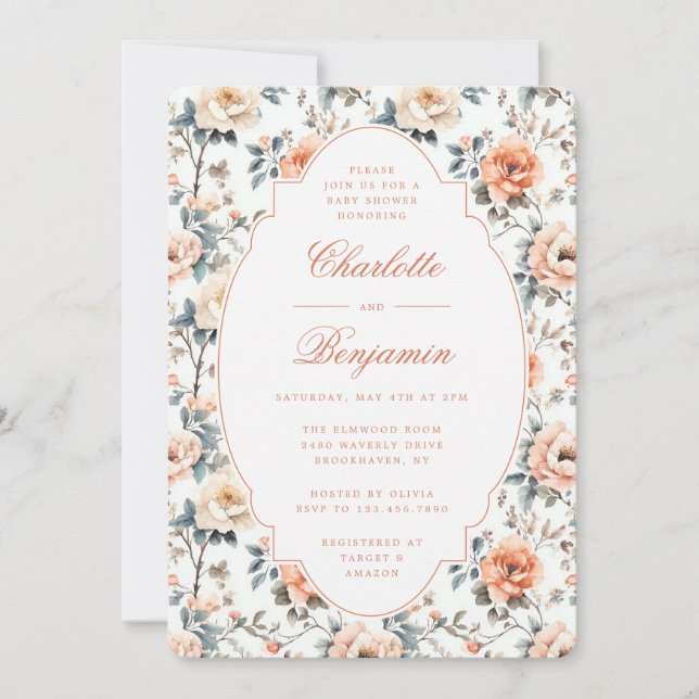 Convites Chá de Bebê para Casais com Flores Elegantes (Frente)