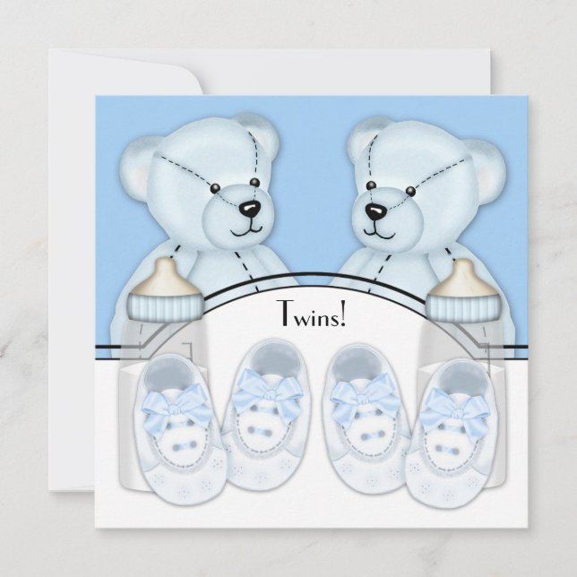 Convites Chá de Bebê para Gêmeos Meninos Urso de Pelúcia Az (Frente)
