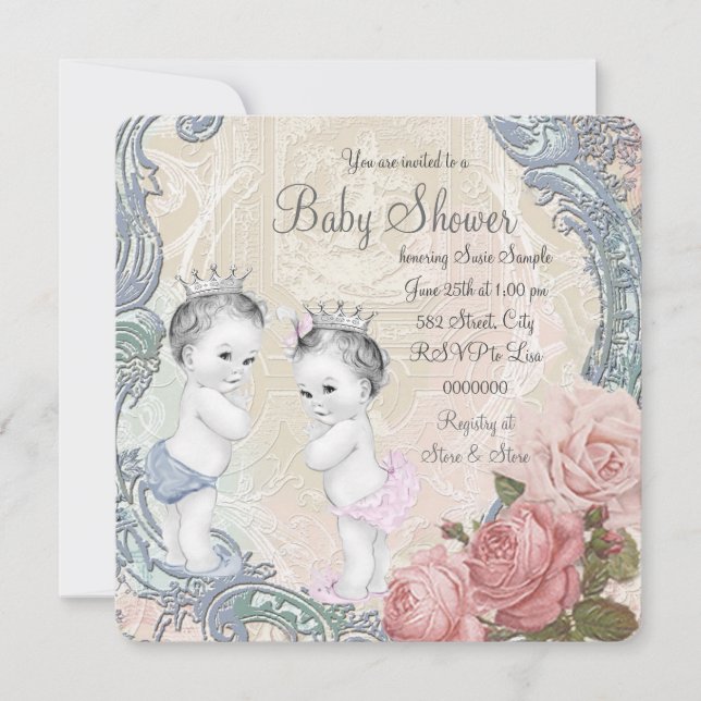 Convites Chá de Bebê para Gêmeos Príncipe e Princesa (Frente)