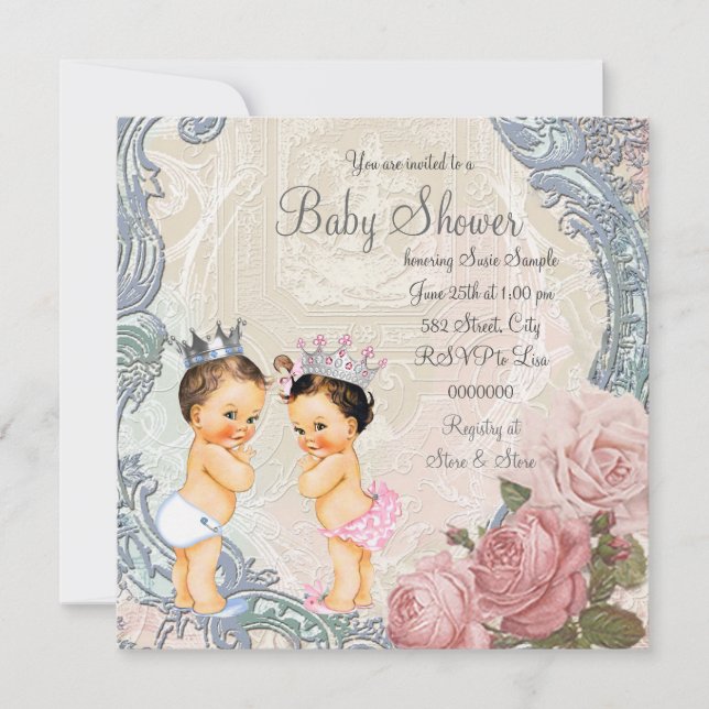 Convites Chá de Bebê para Gêmeos Príncipe e Princesa (Frente)