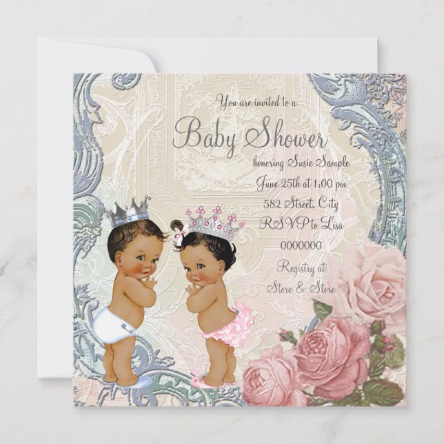 Convites Chá de Bebê para Gêmeos Príncipe e Princesa Étnico (Frente)