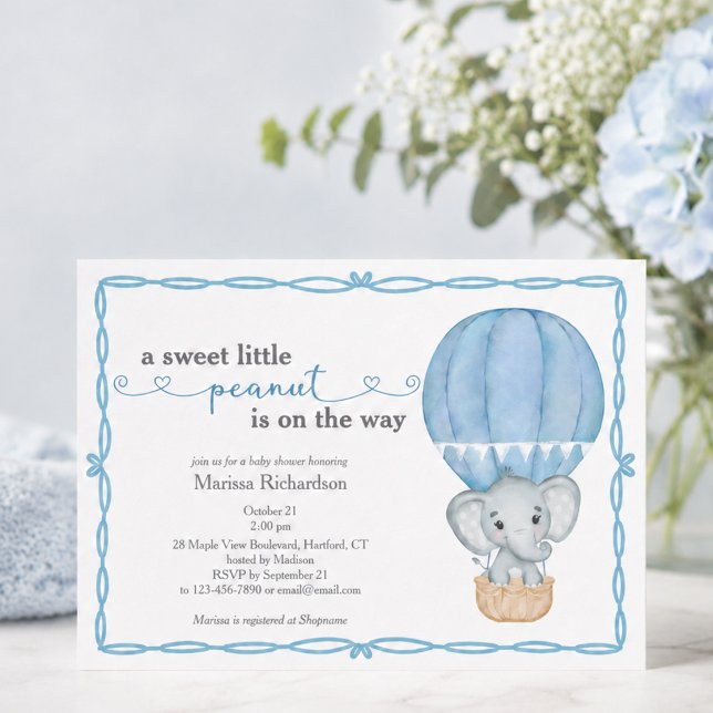 Convites Chá de Bebê para Menino Elefante Amendoimzinho Doc (elegant cute sweet little peanut elephant blue hot air balloon baby boy shower invitation)
