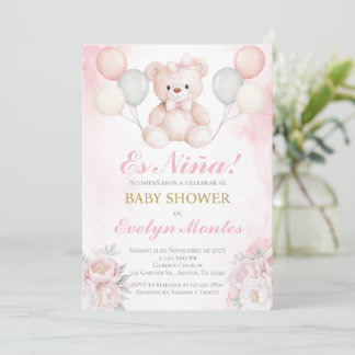 Convites Chá de bebê para uma menina com balões e ursinho